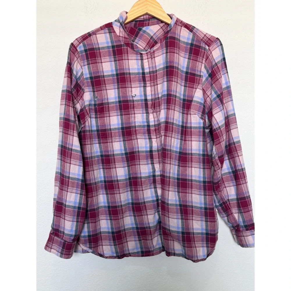 Lucky Brand Women 2XL Plaid Sheer Overlay Button Down Shirt Cotton Pink Burgundy